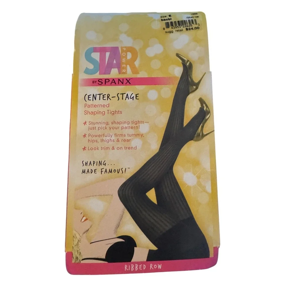 Spanx Patterned Shaping Tights Size E Black Ribbed Row Firming Hosiery Chic